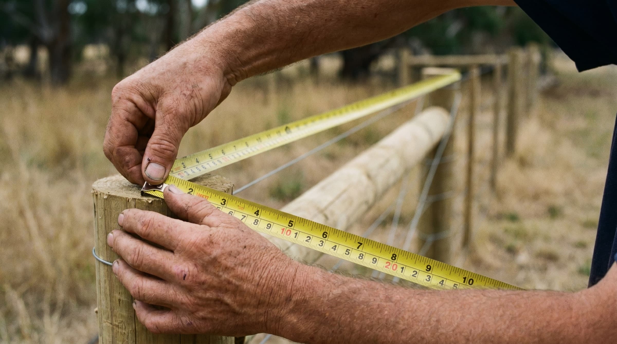 Hands measuring a fence line at a Northeast Florida property